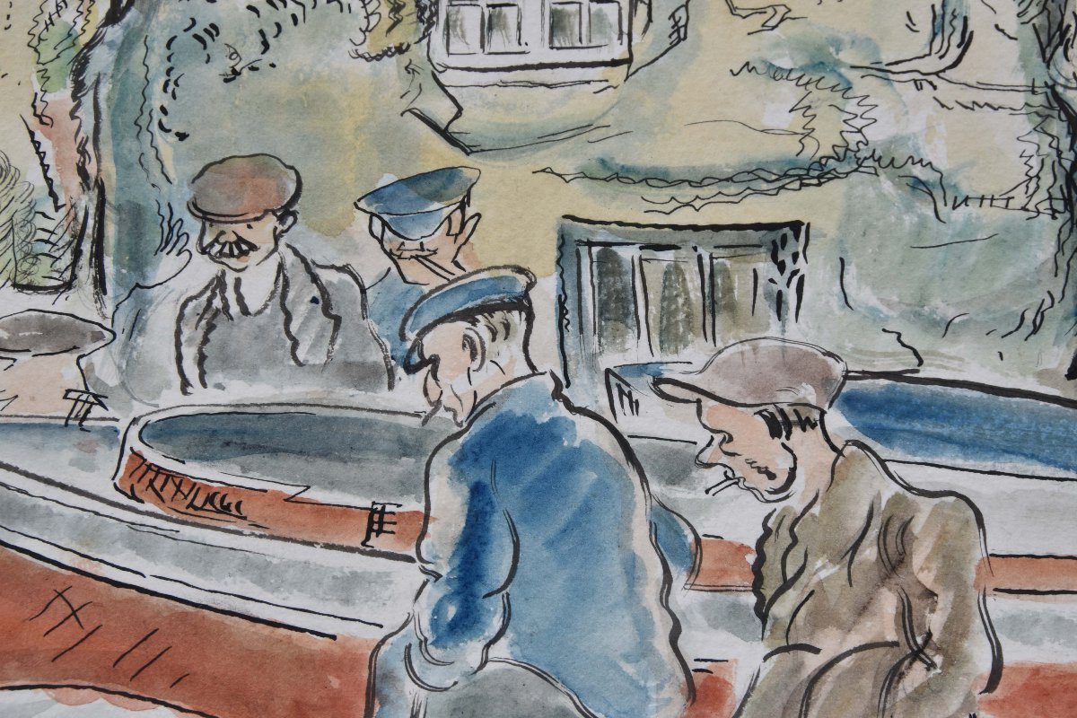 Rowley SMART  "Pêcheurs au port" aquarelle 39x55-photo-1